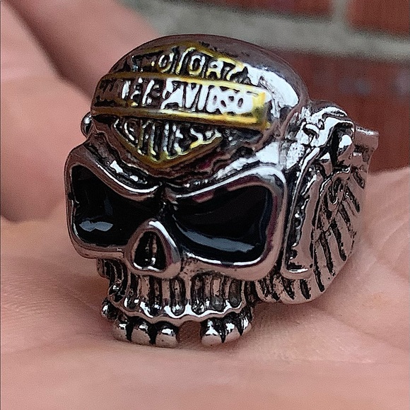 ☠️🏍 HARLEY DAVIDSON vintage preloved silver angel skull gun silver ring ☠️ 🏍